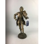 A 19TH CENTURY SPELTER FIGURE OF A VIOLINIST, VANITY SETS AND A CLOCK