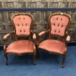 A PAIR OF VICTORIAN STYLE MAHOGANY ARMCHAIRS