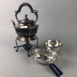 A SILVER BON BON DISH, A PLATED KETTLE AND A PLATED OVAL BOWL