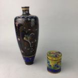 A CHINESE CLOISONNE ENAMEL VASE, BOX AND A FIGURE OF A GIRL