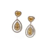 A CERTIFICATED PAIR OF YELLOW AND WHITE DIAMOND EARRINGS