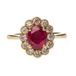 A RUBY AND DIAMOND CLUSTER RING