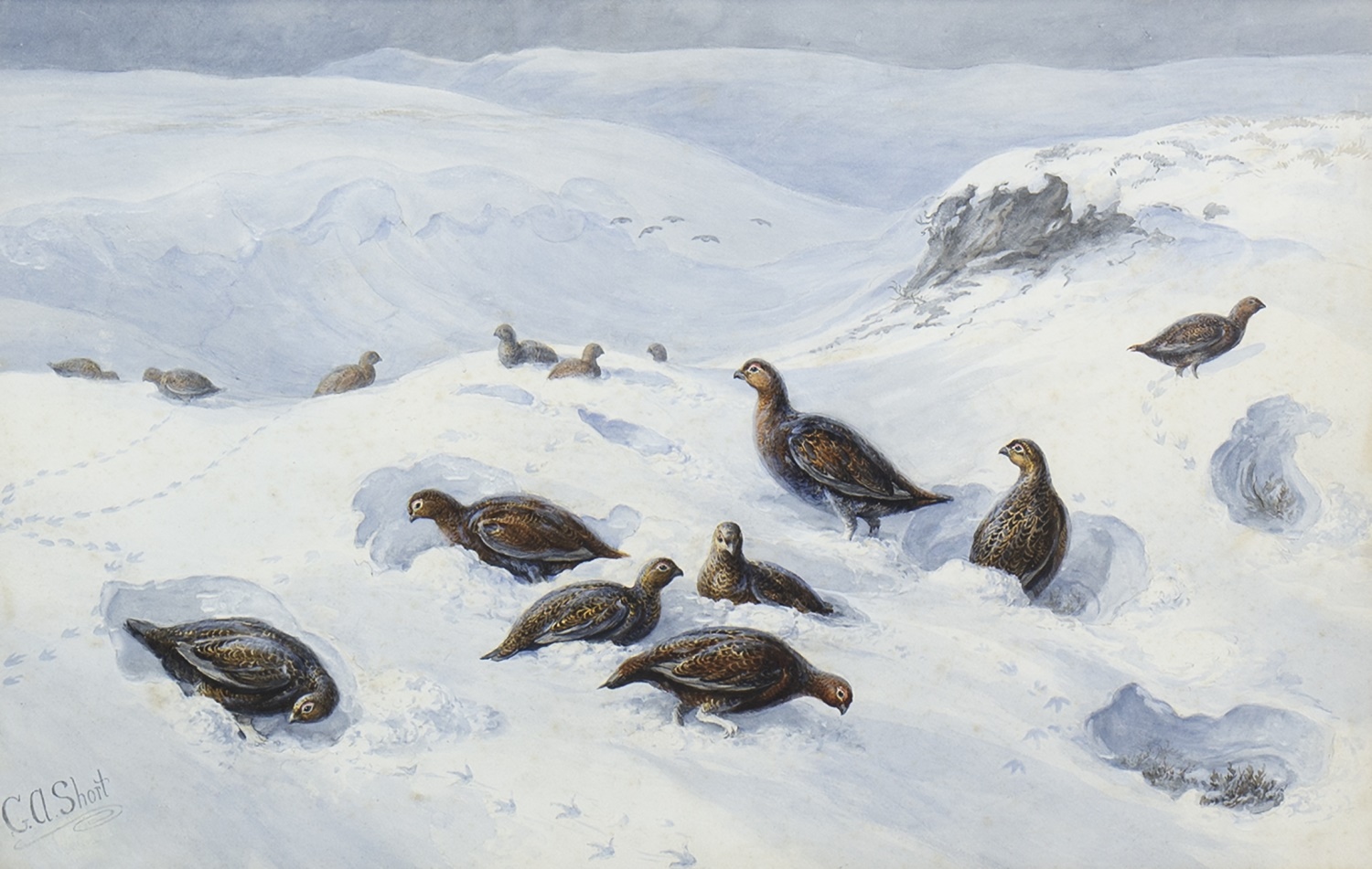 A HARD WINTER FOR THE GROUSE, A WATERCOLOUR BY GEORGE ANDERSON SHORT