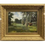 CATTLE GRAZING IN A FOREST LANDSCAPE, AN OIL BY ROBERT NOBLE