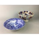 A COPELAND SPODE BLUE AND WHITE BOWL, A DEAKIN & SON BOWL AND AN ASHET
