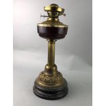 A VICTORIAN OIL LAMP, A TABLE LAMP AND TWO CANDLESTICKS