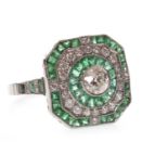 AN ART DECO STYLE EMERALD AND DIAMOND RING