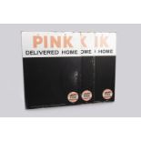 THREE 'PINK' PARAFFIN CHALKBOARD SIGNS