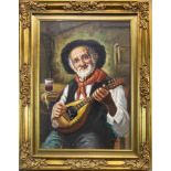 ELDERLY GENTLEMAN PLAYING A MANDOLIN, AN OIL