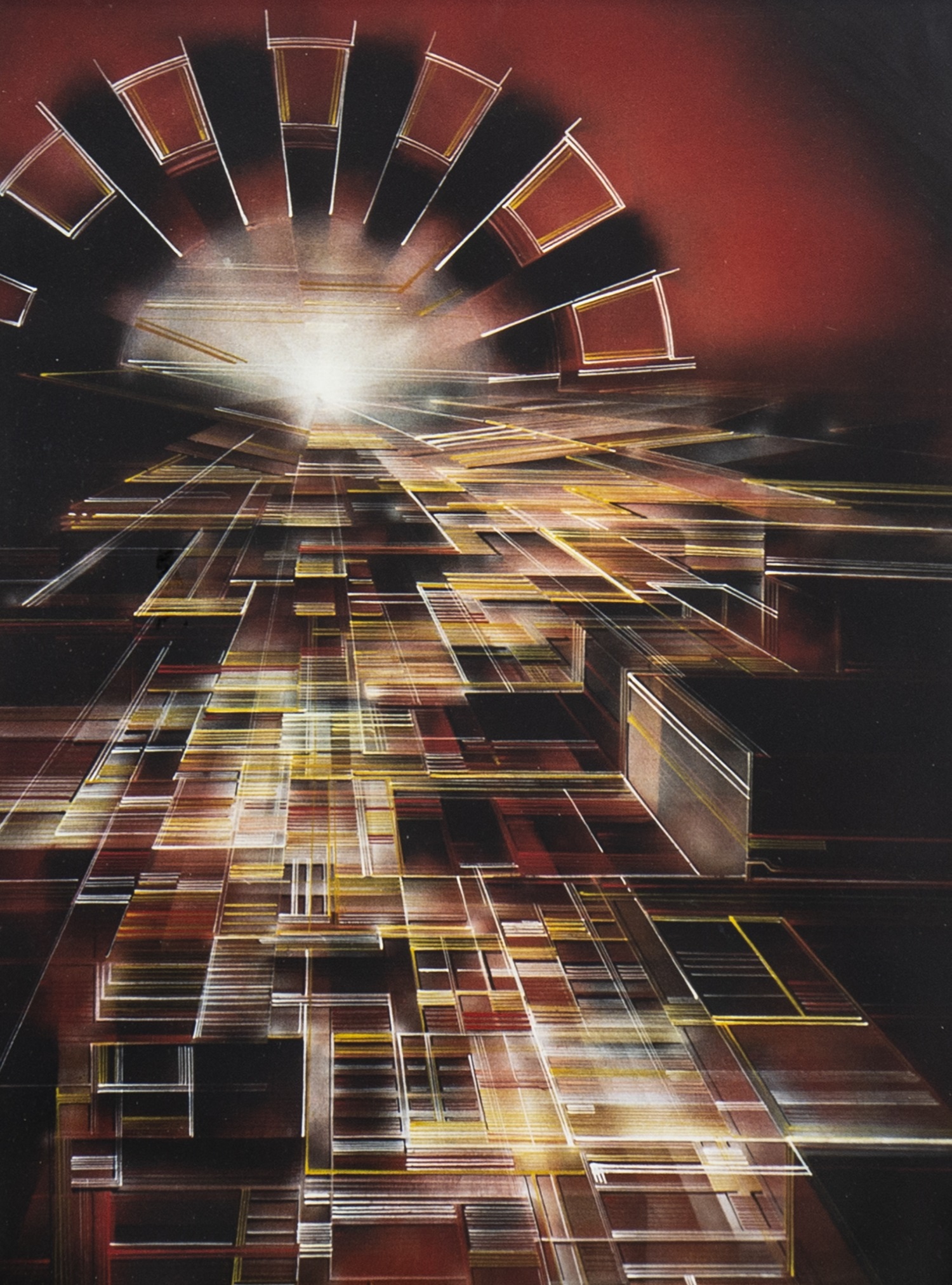 MAGNETRON RISING OVER THE ELECTRIC CITY, A COLOUR PRINT BY KEN PALMER