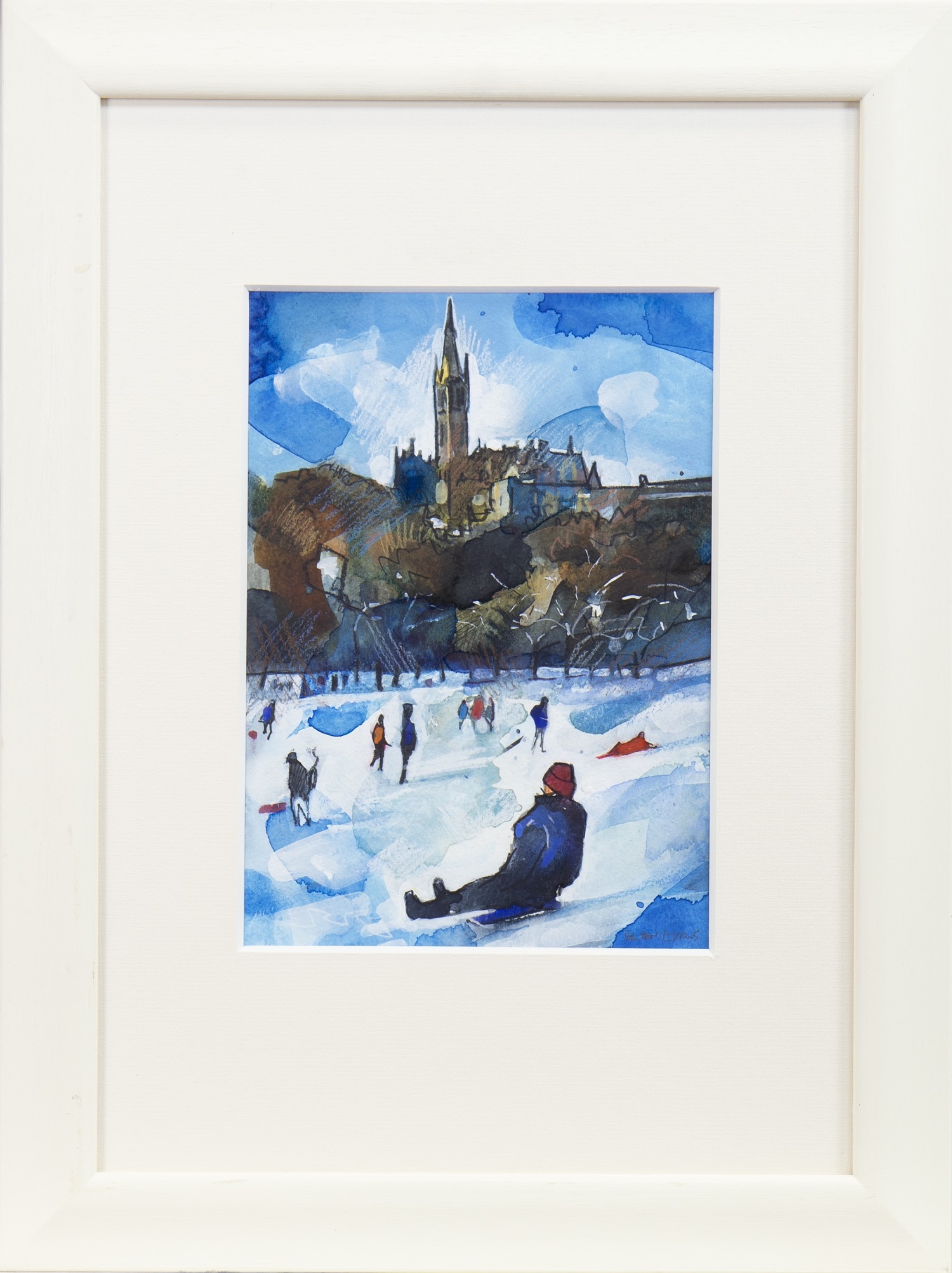 SLEDGING IN THE PARK, A WATERCOLOUR BY BRYAN EVANS