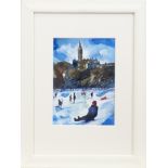 SLEDGING IN THE PARK, A WATERCOLOUR BY BRYAN EVANS