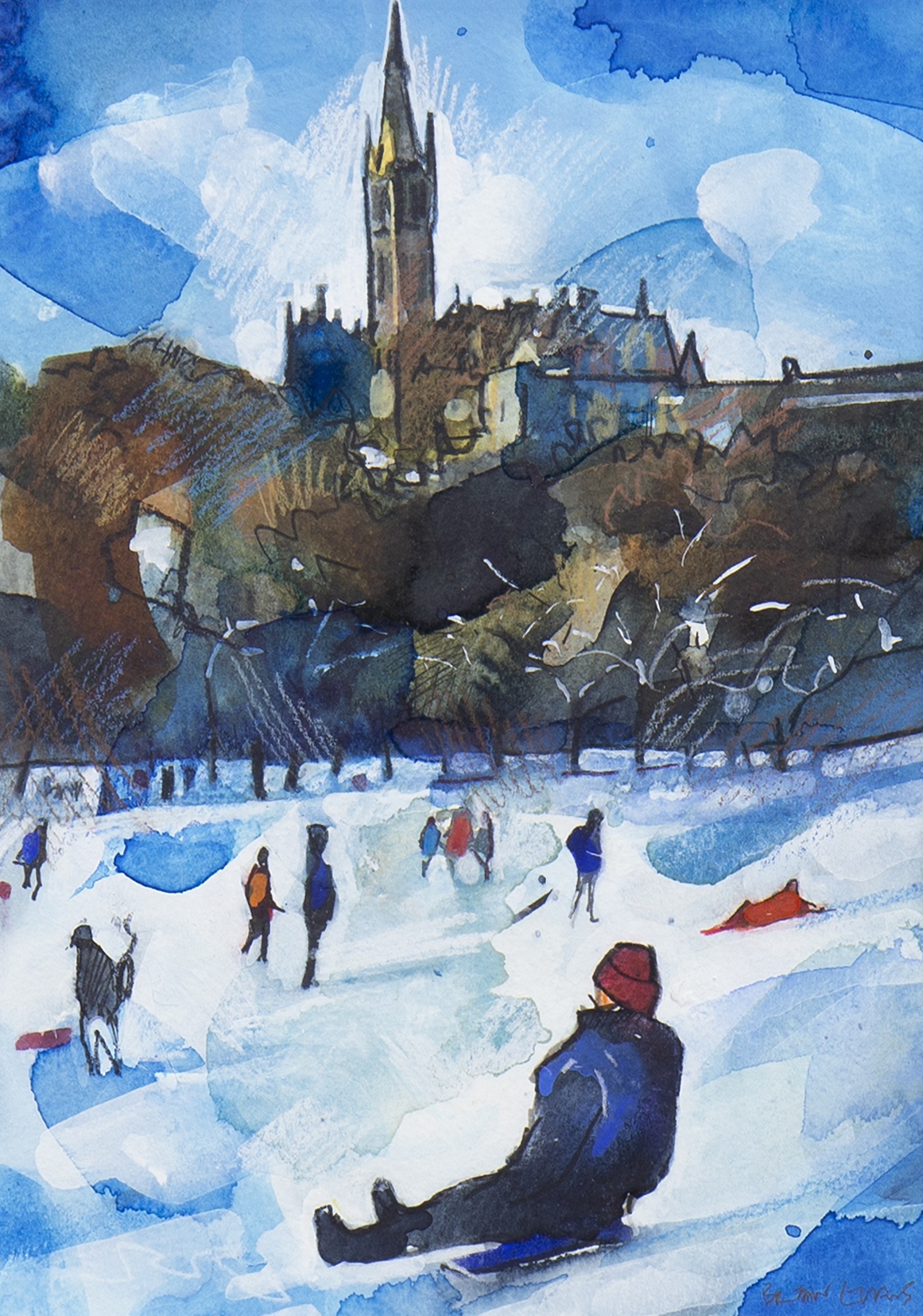 SLEDGING IN THE PARK, A WATERCOLOUR BY BRYAN EVANS - Image 2 of 2