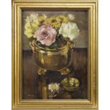 ROSES AND CHRYSANTHEMUMS, AN OIL BY ERNEST HOOD