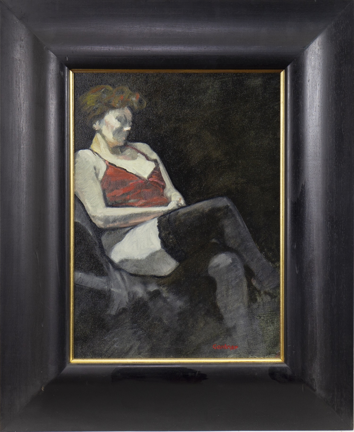 RED SATIN VEST, AN OIL BY SANDIE GARDNER