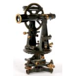 A STANLEY OXIDISED BRASS THEODOLITE, WITH 8" TELESCOPE, BUBBLE LEVEL AND VERNIERS, 41CM H, EARLY