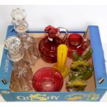 THREE ITEMS OF VICTORIAN CRANBERRY GLASSWARE, A PAIR OF VICTORIAN MOULDED GLASS DECANTERS AND