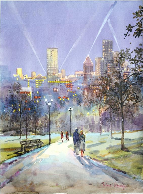 MICHAEL CRAWLEY, CENTRAL PARK NEW YORK AT NIGHT, SIGNED, WATERCOLOUR, 23 X 29CM