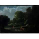 19TH C SCHOOL, FIGURE WITH CATTLE BY A RIVER, OIL ON BOARD, 30 X 21CM