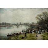 AFTER R. F. MACINTYRE, OXFORD AND CAMBRIDGE BOAT RACE, MORTLAKE ON THAMES, CHROMOLITHOGRAPH, 75 X