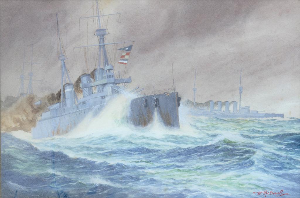 WILLIAM MCDOWELL, BATTLESHIPS IN A STORM, SIGNED (IN RED), WATERCOLOUR, 22 X 33CM, W. GETHING, A