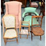 A MAHOGANY ARMCHAIR, A MAHOGANY TUB CHAIR, A BEECH ROCKING CHAIR AND TWO FOLDING CHAIRS, EARLY