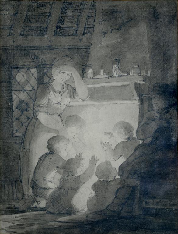 FOLLOWER OF G. MORLAND, A COTTAGE INTERIOR, WATERCOLOUR, EN GRISAILLE, 26 X 34CM