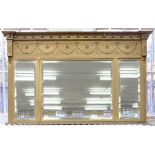 A VICTORIAN GILTWOOD AND COMPOSITION OVERMANTEL MIRROR WITH TRIPLE BEVELLED PLATE, 153 X 93CM