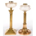 TWO EDWARDIAN BRASS COLUMNAR OIL LAMPS, WITH CUT GLASS FOUNT, 43 AND 46CM H, LACKING BURNERS