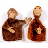 VINTAGE TOYS. TWO STEIFF MONKEY GLOVE PUPPETS WITH FELT FACE AND HANDS, 22CM H, ONE WITH METAL