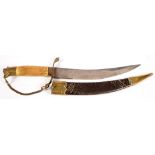 A WORLD WAR TWO SIKH BRASS HILTED DAGGER AND SHEATH, KIRPAN, WITH BONE GRIP, THE ETCHED BLADE