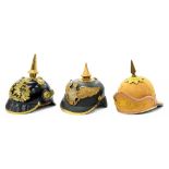TWO IMPERIAL GERMAN SPIKED HELMETS, PICKELHAUBE, OTHER RANKS, PRUSSIA AND HESSER AND ANOTHER,