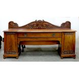 A VICTORIAN CARVED MAHOGANY BREAKFRONT PEDESTAL SIDEBOARD, 130CM H; 230 X 66CM