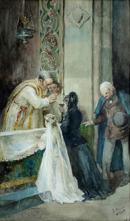 ITALIAN SCHOOL, FIRST COMMUNION, INDISTINCTLY SIGNED AND DATED 1892, WATERCOLOUR, 20 X 34CM