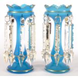 A PAIR OF FROSTED BLUE GLASS LUSTRES, PROBABLY BOHEMIAN, 27CM H, C1870