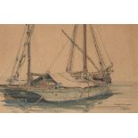 †CLAUDE MUNCASTER, ROI, RWS (1903-1974), A BOAT AT ANCHOR, signed, pen, ink and watercolour on