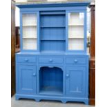 A VICTORIAN PINE DRESSER, LATER PAINTED BLUE, 210CM H; 156 X 45CM