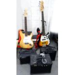 A PEAVEY MILESTONE THREE ELECTRIC BASS GUITAR, A TIGER ELECTRIC GUITAR AND THREE AMPLIFIERS