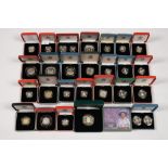 SILVER COINS. A COLLECTION OF ENGLISH PROOF SILVER CROWNS AND OTHER COINS, ALL CASED (26)