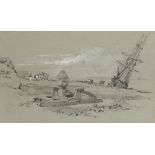 JAMES DUFFIELD HARDING, OWS (1797-1863) CAPSTAN AND BEACHED BOAT, pencil and white on light grey