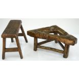 A PRIMITIVE ASH TRIANGULAR STOOL, 40 X 18CM AND ANOTHER, 18TH / 19TH C