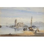 RICHARD PRINCIPAL LEITCH (1826-1882), UNLOADING A BOAT AT LOW TIDE, watercolour, 23 x 33cm++An