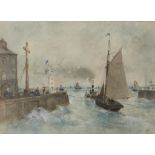 ENGLISH SCHOOL, LATE 19TH C, THE ENTRANCE TO DIEPPE HARBOUR, indistinctly signed, watercolour, 26