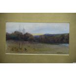 GEORGE OYSTON, SHEEP IN A LANDSCAPE AT SUNSET, SIGNED, WATERCOLOUR, 18.5 X 37CM