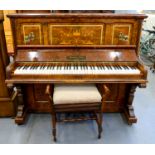 AN INLAID WALNUT UPRIGHT PIANO, HARTSELL & SON NEWARK