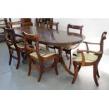 A MAHOGANY TWIN PILLAR DINING TABLE, 75CM H; 210 X 100CM AND A SET OF SIX MAHOGANY DINING CHAIRS,