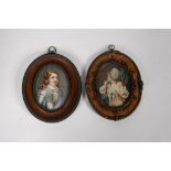 TWO FRENCH DECORATIVE OVAL MINIATURES, ONE OVER A PRINTED GROUND, BRASS FRAMES, 13 X 10.5CM AND