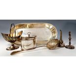 AN OVAL SHEFFIELD PLATE TEA CADDY AND FIVE OTHER ARTICLES, C1770-EARLY 19TH C comprising taperstick,