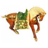 A CHINESE SANCAI GLAZED POTTERY MODEL OF A HORSE, TANG DYNASTY STYLE 43cm h++Legs broken and