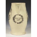 A CREAMWARE JUG, DATED 1798 with two black transfer prints of RETURNING HOPES and THE SAILOR'S